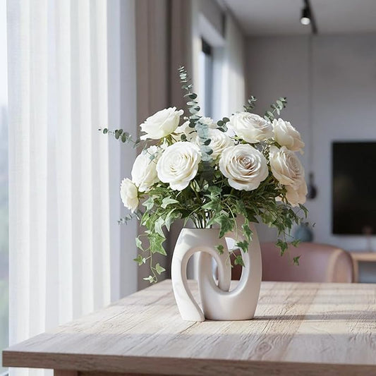 Ceramic Vase Set of 2 by DecoVlog, White Hollow Living Room Decor Vase, Minimalist Decorative Modern Boho Vase for Table Centerpiece Wedding Dining Living Room Office House Decoration