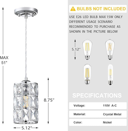 Doraimi Lighting 3 Pack 1 Light Hanging Kitchen Island 8.75" Crystal Modern Pendant Light Fixture,Nickel Finish with Crystal Shade for Bar,Dining Room,Corridor,Living Room Over Sink