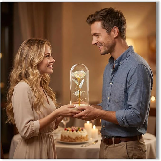 Preserved Fresh Flower in Glass Dome with LED Lights, Gold Stem Rose with Wooden Base, Romantic Home Decor Gift for Valentine's Day (A golden rose as a gift for mom or your lover)