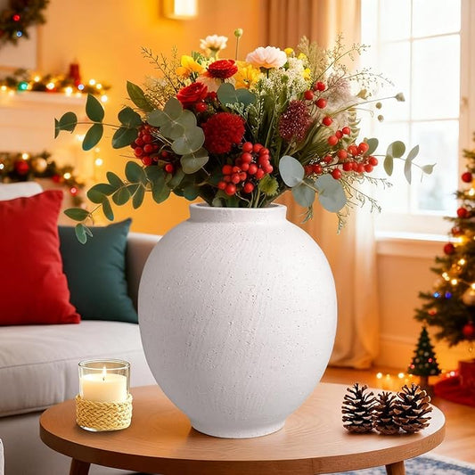 Large White Ceramic Flower Vase – 9.8 Inch Tall Modern Minimalist Vase for Home Decor