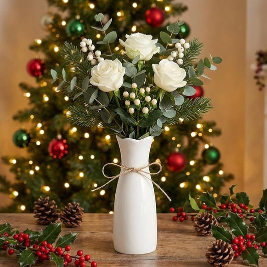 Small Vase White Ceramic Jute Rope Simple Vases for Home Decor Minimalist Modern Flower Vase Elegant Decorative Glossy Vase for Pampas Grass, Office, Living Room, Mantel and Bedroom Décor