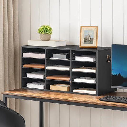 HOOBRO Countertop Mail Sorter, Wooden Literature Organizer, Student Mailbox for Classroom, Desktop Organizer for Office Home School, 12 Compartments Black BK43WF01