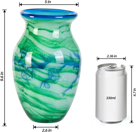 Glass Vases for Flower, Unique Hand Blown Green Glass Vase, Modern Art Decorative for Home Living Room, Office, Table centerpieces, Bookshelves and Wedding Decorations (JG33)