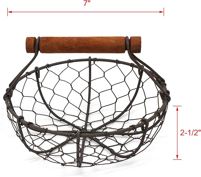 CVHOMEDECO. Chicken Wire Egg Baskets Rust Gathering Baskets with Wooden Handle Country Vintage Style Storage Baskets. Set of 2 (Round)