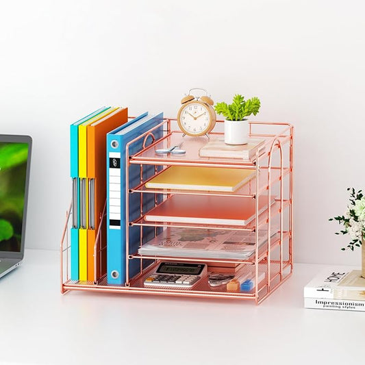 Marbrasse Desk Organizer with File Holder, 5-Tier Paper Letter Tray, Mesh Desk Accessories, Magazine Holder, Desktop Organizer and Storage for Office Supplies, Rose Gold