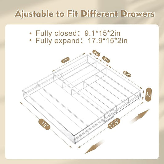 2 Pcs Acrylic Drawer Organizer 9'' up to 18'' x 15'' x 2'' Expandable Drawer Organizer Pens Notebook Ruler Makeup Tray with 7 Adjustable Compartments for Desk Office Kitchen Bathroom(Clear)