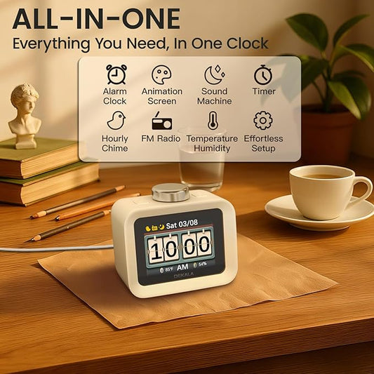 Dekala ChronoSense Alarm Clock for Bedroom Temperature Humidity, 7-Day Programmable 4 Alarms, 100dB Loud Gradual Alarm for Heavy Sleeper, Visual Timer Clock Radio,White Noise Sound Machine