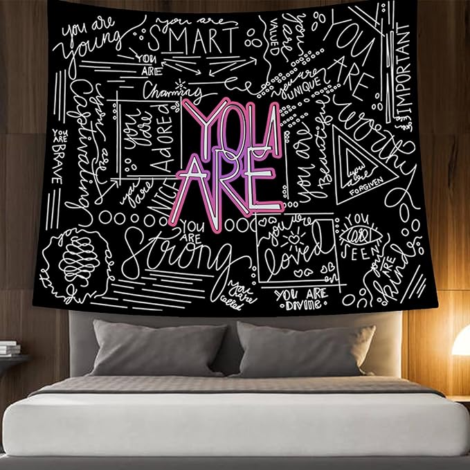Quote You Are Tapestry Inspirational Wall Art Wall Hanging Positive Saying Classroom Tapestries for Teen Girl Bedroom Dorm 50 * 60 Inches (Black)