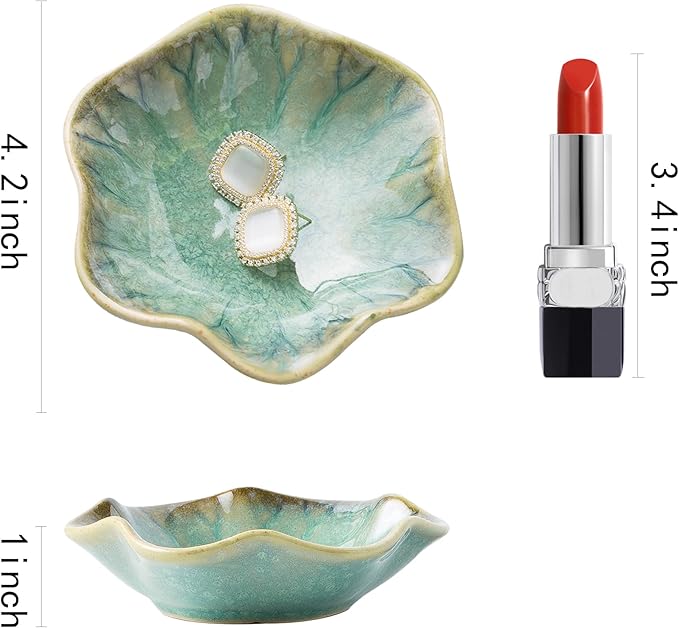 Ceramic Ring Dish, Jewelry Dish Holder, Small Trinket Tray Plate for Earrings Rings Necklaces Keys, for Mom Friend Sister, Retro Green