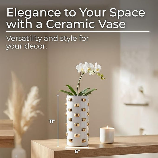 Modern Glam Stoneware Vase with Geometric Accents – Decorative Ceramic Flower Holder – Elegant Home Decor Accent for Living Room, Bedroom, Dining Room, or Office – 11", White and Gold
