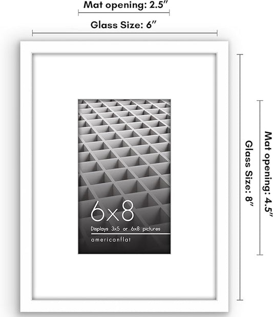 Americanflat 6x8 Picture Frame with Shatter-Resistant Glass - Use as 3x5 Frame with Mat or Display 6x8 Photo Without Mat - Streamline Collection - Picture Frames for Tabletop and Wall - White