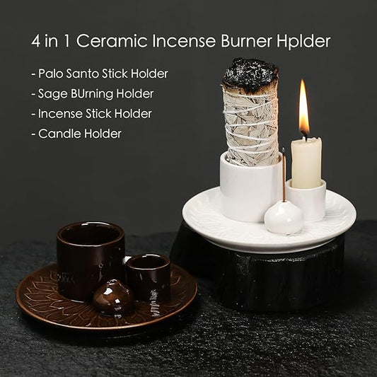 4 in 1 Multifunctional Ceramic Incense and Candle Holder with Ash Catcher Tray Suit for Burning White Sage, Palo Santo Sticks (White)
