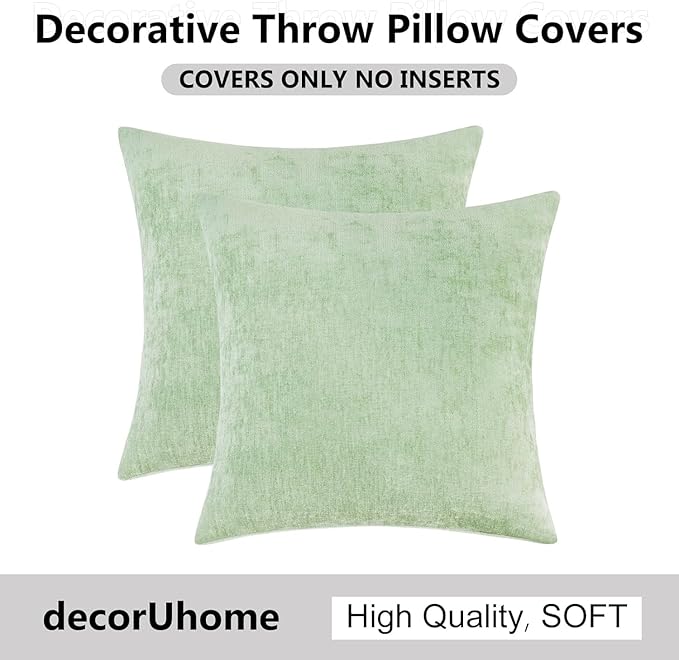 decorUhome Chenille Sage Green Spring Throw Pillow Covers 20x20 Inch Set of 2, Decorative Soft Couch Pillow Covers Solid Dyed Accent Farmhouse Neutral Square Pillow Cases for Sofa
