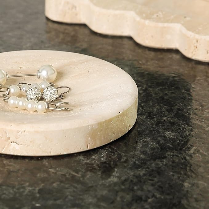 Koville Small Travertine Jewelry Dish 4" – Natural Stone Ring & Trinket Tray for Bathroom & Vanity (Beige)