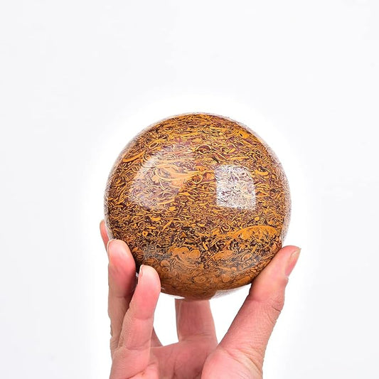 JIC Gem Golden Jade Quartz Crystal Ball Healing Crystal Gemstone Sphere with Decorative Wooden Stand for Meditation Gifts Decoration (80-90mm)