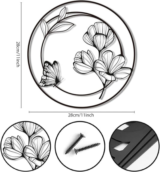 Pinetree Art 3 Pieces Metal Flowers Wall Decor, Modern Black Circle Floral Wall Art, Rustic Farmhouse Butterfly and Flower Wall Decor for Bathroom Kitchen Living Room Garden Office (black)