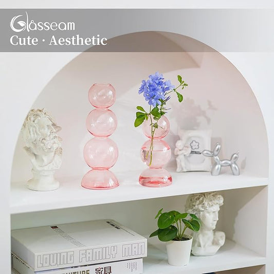 Glasseam Pink Vase for Flowers, Cute Handmade Glass Vase Set of 2, Aesthetic Small Bud Vase Decor, Unique Hydroponic Plant Vases, Decorative Round Ball Bubble Vase for Living Room Decorations