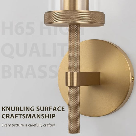 15" Knurled Brass Wall Sconces Set of 2, Gold Bathroom Vanity Light Fixtures with Clear Glass Tube, Modern Lamp Lighting for Bedroom, Living Room, Hallway, Staircase, Mirror, Kitchen