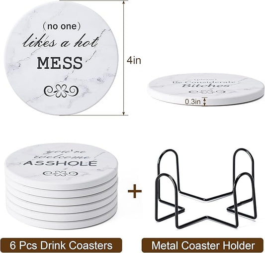 Hoewina 6Pcs Drink Coasters with Holder, Marble Style Ceramic Drink Coaster, Absorbent Coasters Set Suitable for Kinds of Cups, Modern Style Coasters for Coffee Table, 4 Inches(Style 10)