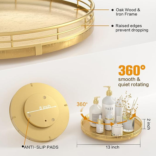 13" Gold Lazy Susan for Table Top, Oak Wood Lazy Susan Turntable Organizer for Dining Coffee Table Centerpiece Bar Decor Kitchen Countertop Bathroom Vanity Decorative Tray for Perfume Jewelry Round