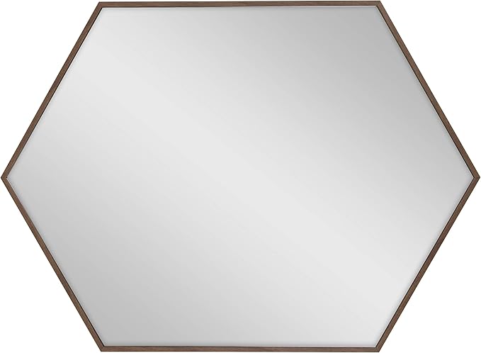 Kate and Laurel Rhodes Mid-Century Modern Hexagon Wall Mirror, Walnut Brown, 31x22-Inches