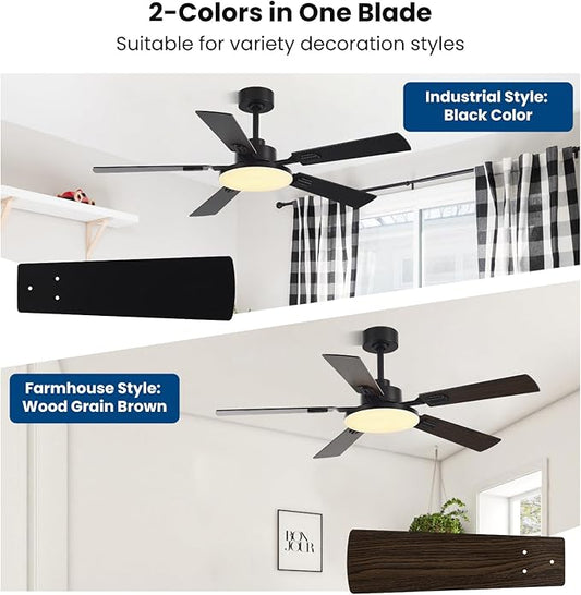 52 Inch Ceiling Fans with Lights and Remote for Bedroom Living Room Kitchen Office, Indoor/Outdoor Use, 5CCT Dimmable, 5 Blades 6 Speed Reversible Quiet DC Motor, Black/Wood Grain, 2 Pack
