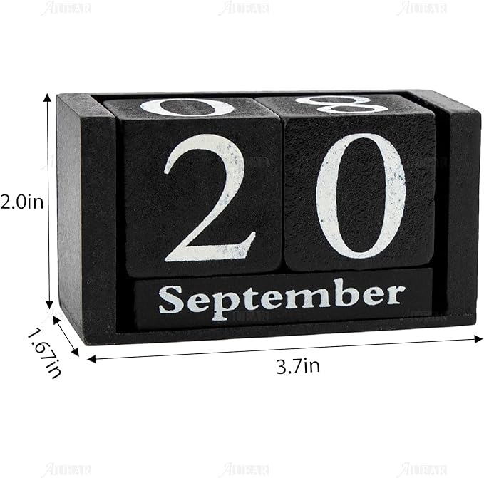 AUEAR, Wooden Block Perpetual Desk Calendar Desktop Cube Rustic Chic Number for Home Office Decoration (Black, 1 Pack)