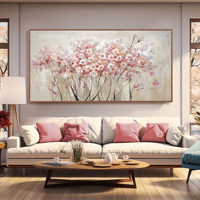 YJYart Pink Floral Wall Art – Framed Canvas, 36"x70" | Large Flower Decor for Office & Hotel