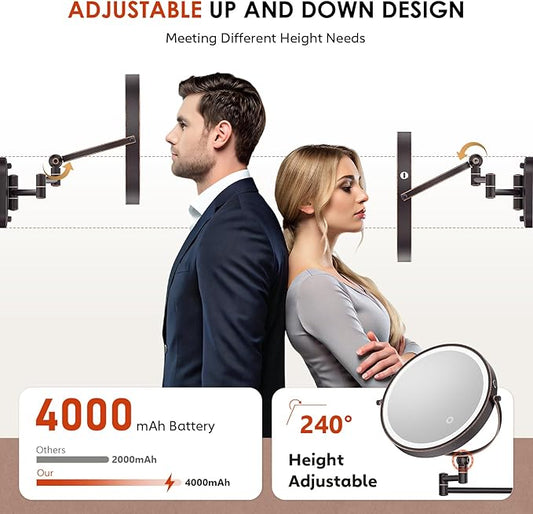 9" Wall Mounted Lighted Makeup Mirror,4000mAh Rechargeable Double Sided 1X/20X Magnifying Mirror with Light,Touch Dimmable,Extended Arm 360 Rotation Wall Mounted Makeup Mirror 3 Color Lights-Bronze