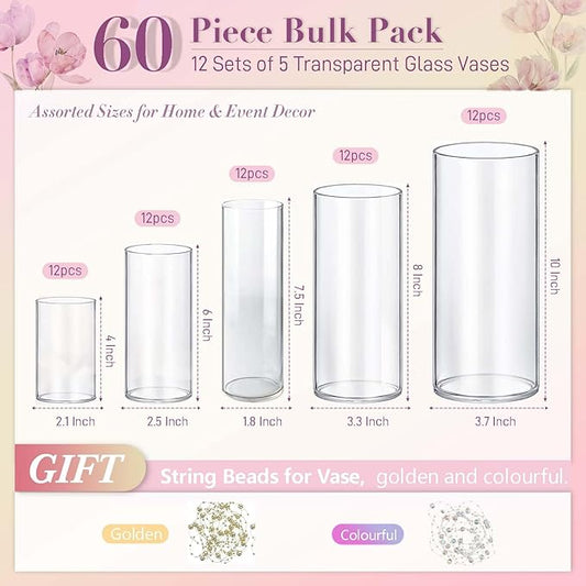 60pcs Glass Vase Cylinder Vases for Centerpieces Small Flower Glass Clear Vases Home Decor Centerpiece Table Flower Vase Decorations for Wedding Decoration&Holiday Mixed Sizes Tall