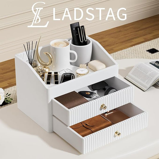 Desk Organizer,Beige White Vegan Leather Desk Accessories & Workspace Organizers with 2 Drawers & Tray,Key Holder with Gold-Tone Metal Accents knob,Jewelry Box,Nightstand