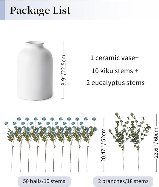 BLOSMON Blue Flowers Artificial for Decoration: Ceramic Vase with 12 Stems of Dusty Blue Flowers Fake Mums Kiku Eucalyptuses for Home Table Centerpieces - Faux Pom Poms Floral Arrangement Dining Room