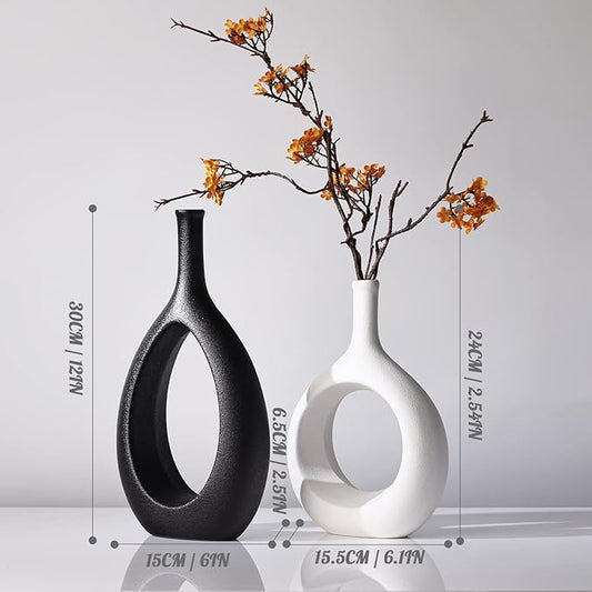 Black White Ceramic Vase Set 2,Modern Hollow Circle with Hole Flower Vase for Home Decor,for Table Centerpieces,Farmhouse,Fire Place,Living Room,Bedroom,Office,Bookshelf,Rustic Decor