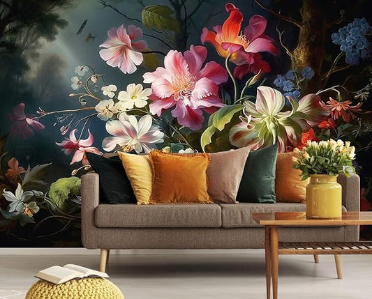 Colorful Floral Wallpaper Illuminated by Hazy Moonlight, Natural Landscape Flower Mural, Decorative Background Wall Mural(Non-self-Adhesive)