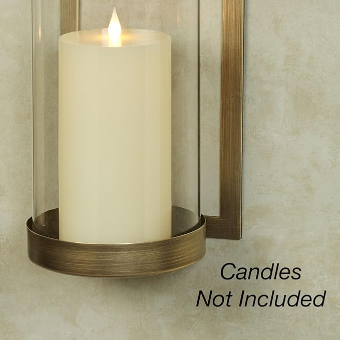 Crosce Satin Brass Metal Wall Sconce Pair | Set of Two | Candleholder Sconces for Bedroom Living Room, Bathroom, Hallway, Entryway | Hurricane Style Glass