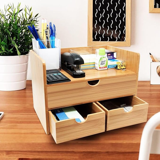 Sorbus Bamboo Desk Organizer - 3-Tier 100% Bamboo Desktop Organizers – Mini Bamboo Desk Drawer Tabletop Storage Box Countertop Organization 3 Drawers & Shelf - Office, Makeup Vanity, Fully Assembled