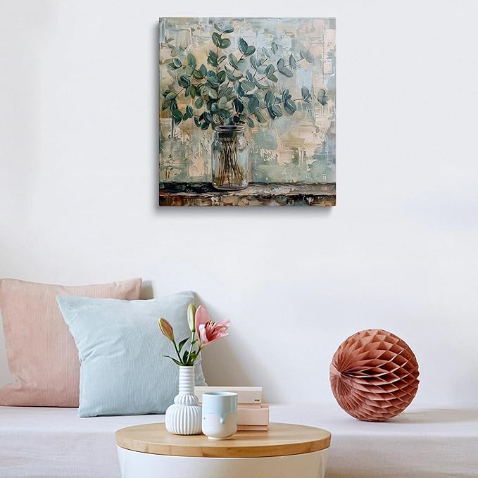 Eucalyptus Botanical Vase Wall Art Canvas Print Abstract Farmhouse Painting Rustic Modern Home Wall Decor for Living Room Bedroom Office Soft Green Leaves Still Life Artwork Canvas 14x14 Inches