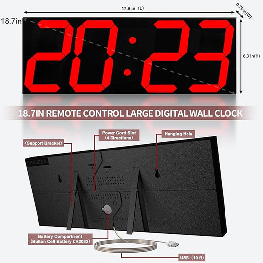 18.7‘’Large Digital Wall Clock,LED Digital Clock with Big Number,Multi-Function Remote Controlled Wall Clock with Timer, Alarm and Calendar Display(Red)