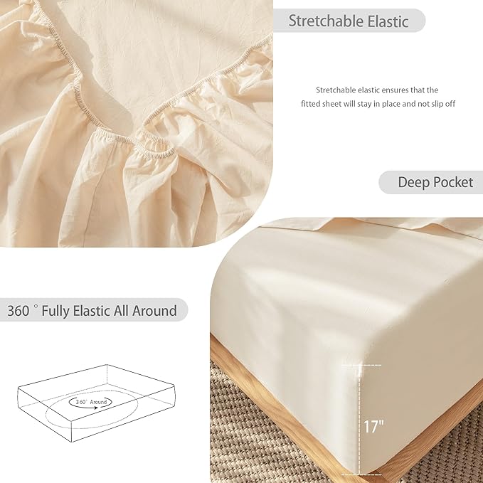 MooMee Bedding Sheet Set 100% Washed Cotton Linen Like Textured Breathable Durable Soft Comfy (Solid Sandy Beige, Queen)