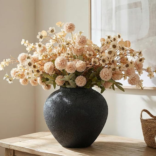 Black Large Round Vase Pottery Look for Home Decor, Arina Black Rustic Vase Modern Farmhouse, Console Table Decor, Earthy Textured Big Black Round Vases for Centerpieces, Jarrones Grandes