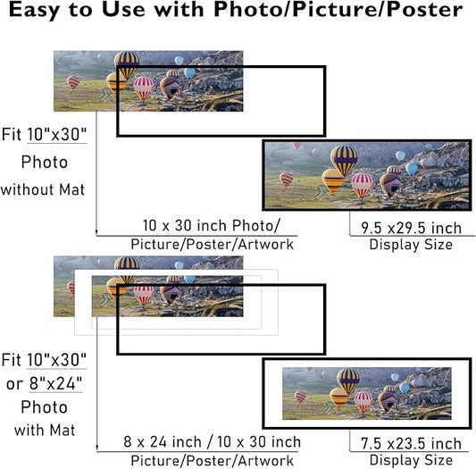 10x30 Picture Frame with 8x24 Mat Set of 2, Display Photo 8x24 with Mat or 10 x 30 Without Mat, Wall Hanging Large 10 by 30 Poster Frame with Plexiglass, 2 Pack, Black