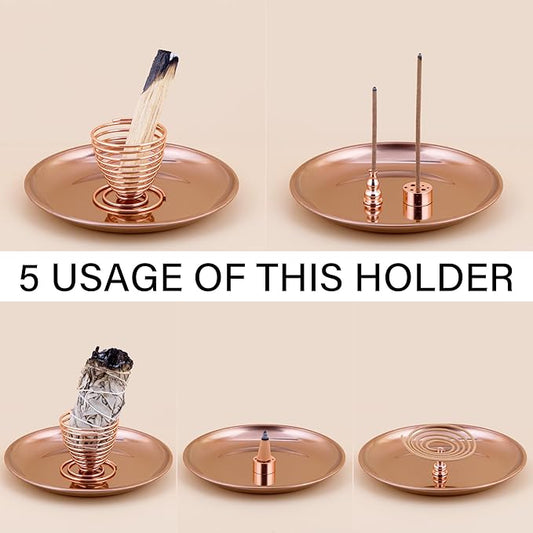 ZenBless 5 in 1 Incense Burner Holder, Palo Santo Holder, Sage Holder, Incense Sticks/Coil/Cones, 5.5 inches Brass Ash Catcher for Meditation Yoga Room(Rosegold)