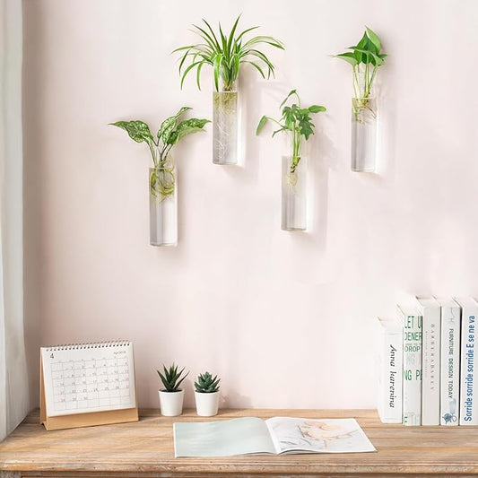Mkono Propagation Station Wall Planter Hanging Glass Tubes Flower Vase for Hydroponics Plants, Bathroom, Home Office Living Room Decor Gift, Cylinder Set of 4