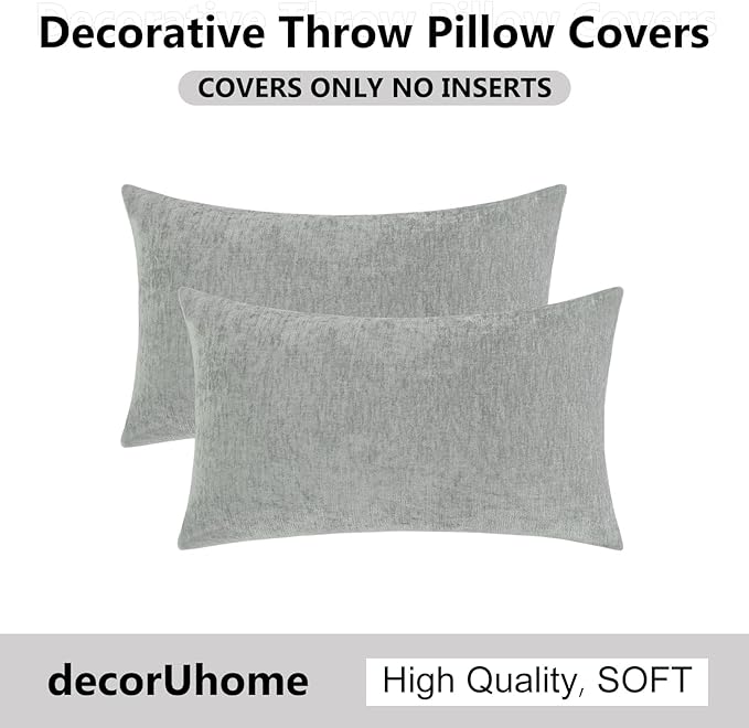 decorUhome Chenille Grey Spring Throw Pillow Covers 12x20 Inch Set of 2, Decorative Soft Couch Pillow Covers Solid Dyed Accent Farmhouse Neutral Rectangle Pillow Cases for Sofa