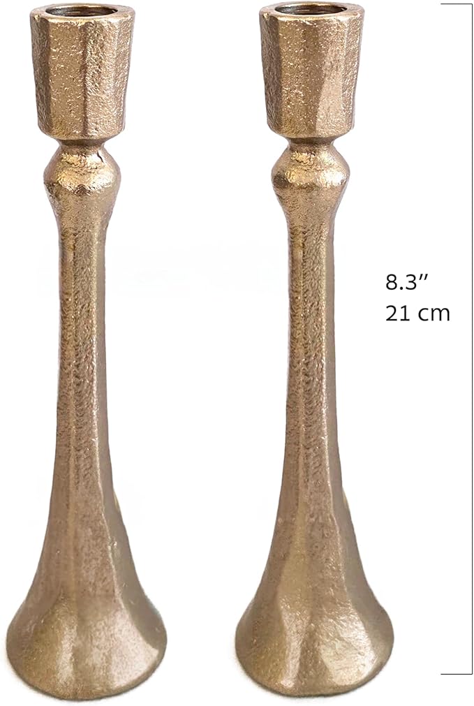 Yair Emanuel Tapered Shabbat Candle Holders Pair – Rustic Sculpted Design in Brass or Silver Finish Judaica Gift for Weddings, Shabbat and Holidays (Ancient Brass, 8.3 Inch)