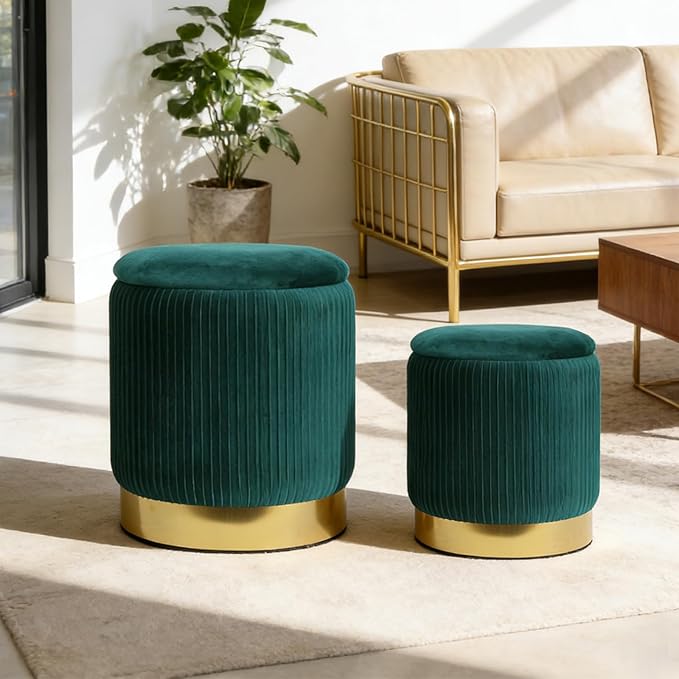 Round Ottoman with Storage Set of 2 Upholstered Velvet Vanity Stool for Living Room Storage Ottomans Multifunctional Foot Rest (Dark Green)
