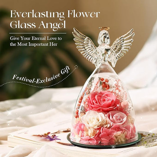 Valentines Day Roses Gifts for Women,Preserved Real Flowers Roses in Glass Angel Figurines,Valentines Day Gifts for Women Mom Wife Girlfriend./Pink