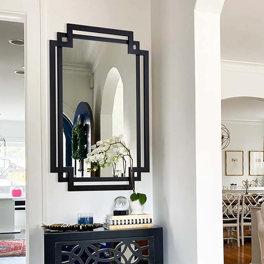 28" x 40" Black Wall Mirror for Decor, Large Bathroom Mirror with Geometric Metal Frame, Modern Rectangular Mirror for Entryway, Dining Room, Fireplace