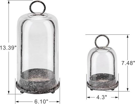 6" & 4" Wide Versatile Modern Metal Hurricane Lantern with Handmade Sturdy Glass Dome in Shabby Black for Pillar Candle & Plants, Industrial, Farmhouse, Shabby Chic (Black Shabby, 4"x7.5" &6.3"x11.2")