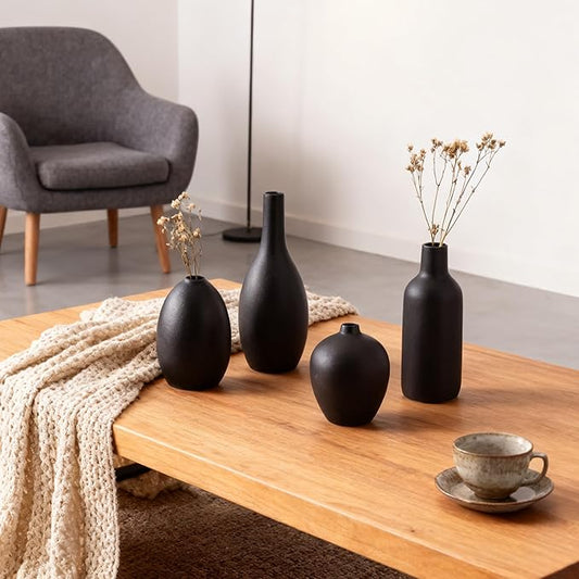 Black Ceramic Flower Vase Set of 4, Modern Farmhouse Decorative Vases for Bookshelf, Dining Room Coffee Console Table Centerpieces